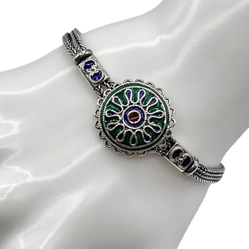 Oxidized Rare .825 Silver Enamel Chain Bracelet